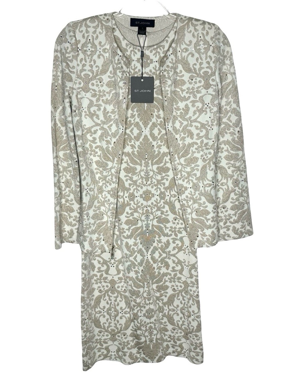St. John | NWT Cream and Gold Matching Knit Dress and Zipper Jacket Set 0